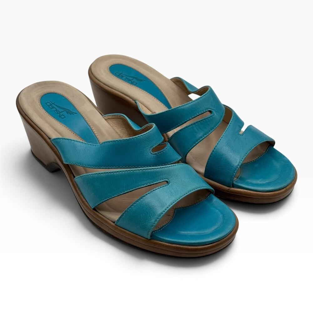 Dansko Avril Sandals Womens 37 Turquoise Leather Wedge Slides Portugal